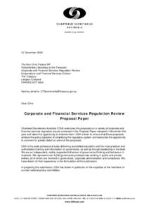 21 DecemberThe Hon Chris Pearce MP Parliamentary Secretary to the Treasurer Corporate and Financial Services Regulation Review Corporations and Financial Services Division
