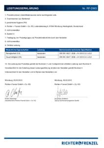 LEISTUNGSERKLÄRUNG  Nr. RF-DW3 1. Produktnummern (Identifikationscode) siehe nachfolgende Liste. 2. Duschwannen aus Stahlemail