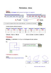 Périmètres - Aires Rappels : définition : la longueur est la mesure d’une ligne, d’un segment. 4,7 cm