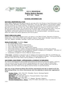 2015 SEASONAL Public Safety Ranger $hour HIRING INFORMATION DUTIES & RESPONSIBILITIES