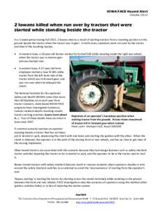 IOWA FACE Hazard Alert October[removed]Iowans killed when run over by tractors that were started while standing beside the tractor In a 5-week period during Fall 2012, 2 Iowans died as a result of starting tractors from a