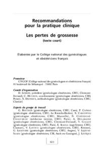 Recommandations pour la pratique clinique Les pertes de grossesse (texte court)  Élaborées par le Collège national des gynécologues