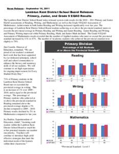 News Release – September 14, 2011  Lambton Kent District School Board Releases Primary, Junior, and Grade 9 EQAO Results The Lambton Kent District School Board today released system-wide results for the 2010 – 2011 P