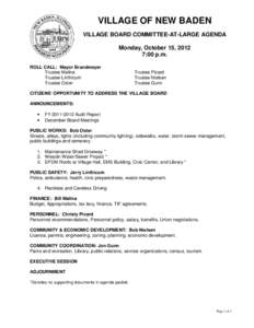 VILLAGE OF NEW BADEN VILLAGE BOARD COMMITTEE-AT-LARGE AGENDA Monday, October 15, 2012 7:00 p.m. ROLL CALL: Mayor Brandmeyer Trustee Malina