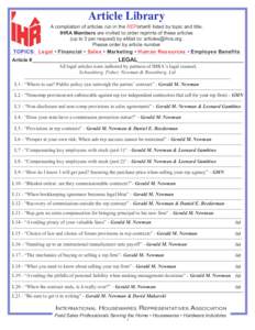 Article Library A compilation of articles run in the REPorter® listed by topic and title. IHRA Members are invited to order reprints of these articles