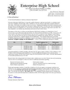 Enterprise High School 3411 Churn Creek Road, Redding, CA[removed]6601, Fax[removed]Eric Peterson, Principal Keith Turner, Assistant Principal Rebecca Berg, Assistant Principal