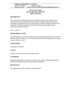ARIZONA HISTORICAL SOCIETY 949 East Second Street Tucson, AZ[removed]Library & Archives[removed]Fax: ([removed]removed]