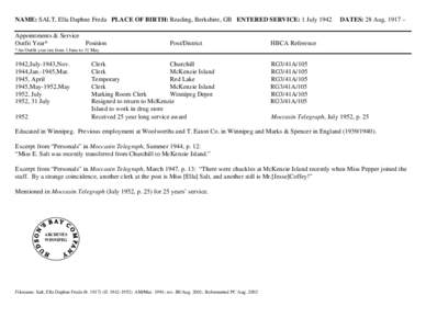NAME: SALT, Ella Daphne Freda   PLACE OF BIRTH: Reading, Berkshire, GB   ENTERED SERVICE: 1 July[removed]DATES: 28 Aug
