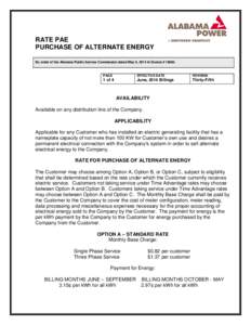 RATE PAE PURCHASE OF ALTERNATE ENERGY By order of the Alabama Public Service Commission dated May 6, 2014 in Docket # [removed]PAGE