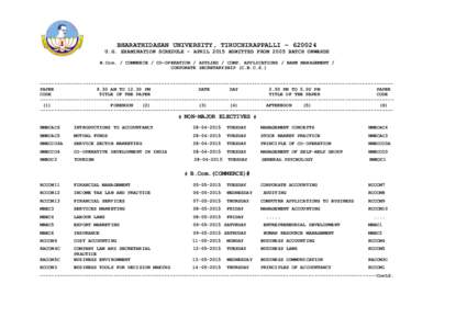 BHARATHIDASAN UNIVERSITY, TIRUCHIRAPPALLI – U.G. EXAMINATION SCHEDULE - APRIL 2015 ADMITTED FROM 2005 BATCH ONWARDS B.Com. / COMMERCE / CO-OPERATION / APPLIED / COMP. APPLICATIONS / BANK MANAGEMENT / CORPORATE S