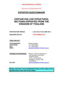 NON-CONFIDENTIAL VERSION  Received on 10 September 2014 EXPORTER QUESTIONNAIRE