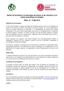 Atelier de formation à la technique de lecture et de rédaction d’un article scientifique en Anglais Blida, Mai 2018 Objectifs de la formation : L’Université de Blida 1, organise un atelier de formation de 