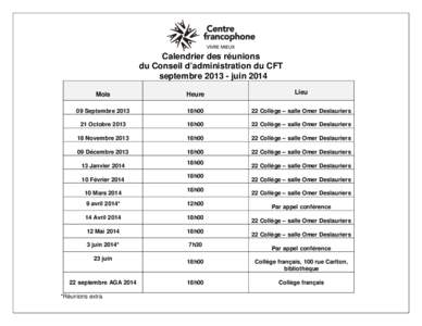 Calendrier des réunions du Conseil d’administration du CFT septembre[removed]juin 2014 Mois  Heure