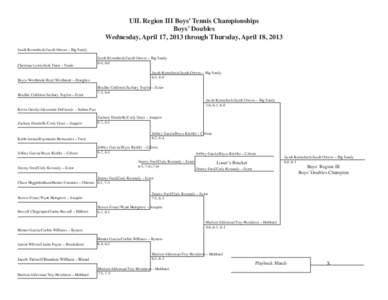 UIL Region III Boys’ Tennis Championships Boys’ Doubles Wednesday, April 17, 2013 through Thursday, April 18, 2013 Jacob Kennebeck/Jacob Owens – Big Sandy Christian Lewis/Josh Tutor – Yantis Bryce Westbrook/Reed 