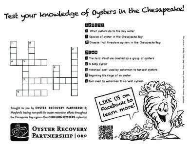 ACROSS 4 What oysters do to the bay water 7 Species of oyster in the Chesapeake Bay 8 Disease that threatens oysters in the Chesapeake Bay DOWN 1 The hard structure created by a group of oysters