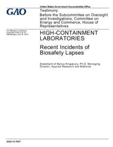 GAO-14-785T, HIGH-CONTAINMENT LABORATORIES: Recent Incidents of Biosafety Lapses