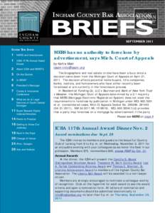 INGHAM COUNTY BAR ASSOCIATION  BRIEFS SEPTEMBER[removed]I NSIDE T HIS I SSUE