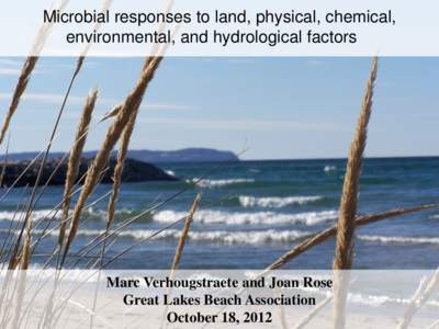 Microbial responses to land, physical, chemical, environmental, and hydrological factors Marc Verhougstraete and Joan Rose Great Lakes Beach Association October 18, 2012