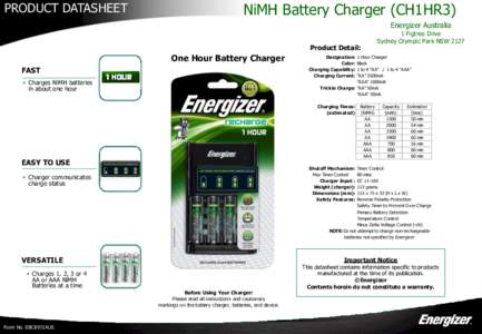 PRODUCT DATASHEET  NiMH Battery Charger (CH1HR3) Energizer Australia  Product Detail: