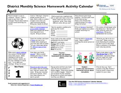 District Monthly Science Homework Activity Calendar  April  School District of Pittsburgh, PA