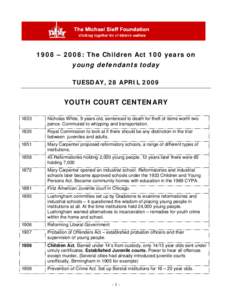 1908 – 2008: The Children Act 100 years on young defendants today TUESDAY, 28 APRIL 2009 YOUTH COURT CENTENARY 1833