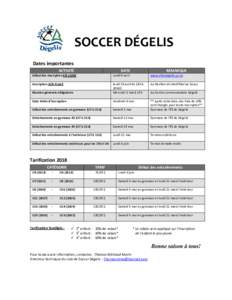 SOCCER DÉGELIS Dates importantes ACTIVITÉ DATE