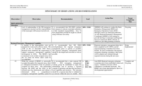 PROVINCE OF NEW BRUNSWICK DECEMBER 2013 ICE STORM AFTER ACTION REVIEW RECOMMENDATIONS AND ACTION PLAN