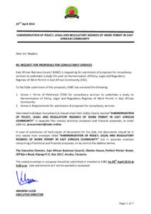 22nd April[removed]HARMONISATION OF POLICY, LEGAL AND REGULATORY REGIMES OF WORK PERMIT IN EAST AFRICAN COMMUNITY  Dear Sir/ Madam,