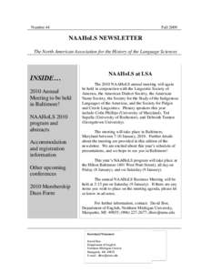 Number 44  Fall 2009 NAAHoLS NEWSLETTER The North American Association for the History of the Language Sciences