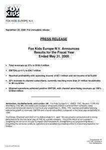 FOX KIDS EUROPE N.V.  September 20, 2000: For immediate release