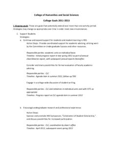 College of Humanities and Social Sciences College Goals[removed]I. Ongoing goals: These are goals that potentially extend over more than one activity period. Strategies may change as appropriate over time in order meet