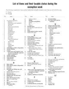 List of items and their taxable status during the exemption week The following is a partial list of items and their taxable status during the exemption week if they are sold for $50.00 or less. T = Taxable E = Exempt T/E