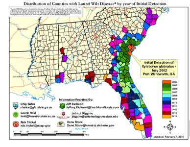 Distribution of Counties with Laurel Wilt Disease* by year of Initial Detection  * Laurel Wilt Disease is a destructive disease of redbay (Persea borbonia), and other species MISSOURI within the laurel family (Lauraceae)