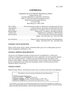 LA - 1 of 7  LOUISIANA SUMMARY OF PLANT PROTECTION REGULATIONS Updated January 2013 Louisiana Department of Agriculture and Forestry