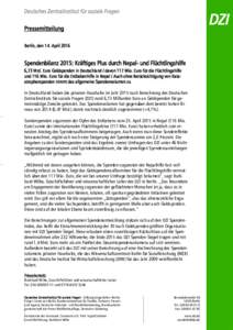 Pressemitteilung Berlin, den 14. April 2016 Spendenbilanz 2015: Kräftiges Plus durch Nepal- und Flüchtlingshilfe 6,73 Mrd. Euro Geldspenden in Deutschland / davon 117 Mio. Euro für die Flüchtlingshilfe und 116 Mio. E