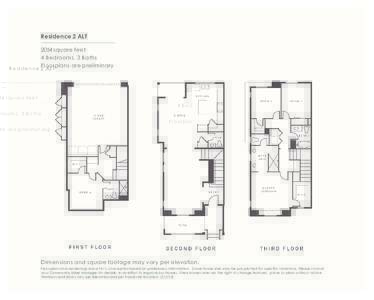 Residence 2 ALT 2054 square feet 4 Bedrooms, 3 Baths Floorplans are preliminary  Dimensions and square footage may vary per elevation.