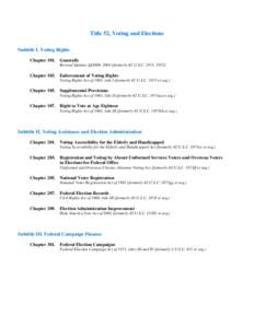 Title 52, Voting and Elections Subtitle I. Voting Rights Chapter 101. Generally Revised Statutes §§2004, 2003 (formerly 42 U.S.C. 1971, [removed]Chapter 103. Enforcement of Voting Rights