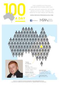 ONE HUNDRED AUSTRALIANS ARE REPORTED MISSING EVERY DAY. MISSING PERSONS ADVOCACY NETWORK (MPAN) OFFERS A FREE, INTERACTIVE WEBSITE TO HELP THOSE LEFT BEHIND. WWW.MISSINGPERSONSGUIDE.COM