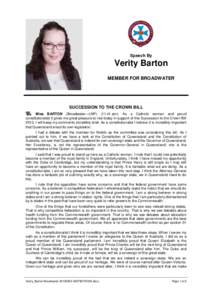 Hansard, 2 MaySpeech By Verity Barton MEMBER FOR BROADWATER