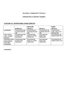 ALGONAC COMMUNITY SCHOOLS Administrative Evaluation Template CATEGORY #1: PROFESSIONAL CHARACTERISTICS  LEADERSHIP