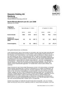 Hawesko Holding AG Hamburg ISIN DE0006042708 Reuters HAWG.DE, Bloomberg HAW GR  Sechs-Monats-Bericht zum 30. Juni 2009