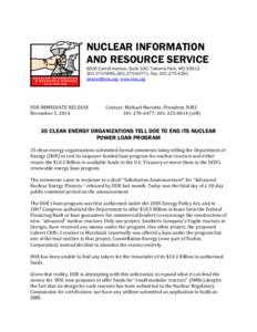 NUCLEAR INFORMATION AND RESOURCE SERVICE 6930 Carroll Avenue, Suite 340, Takoma Park, MD[removed]NIRS[removed]); Fax: [removed]removed]; www.nirs.org