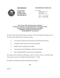 Kern County Parks and Recreation Department News Release:  Parks Commission to Discuss Five Issues at August 27th Meeting