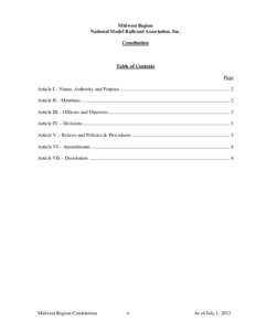 Midwest Region National Model Railroad Association, Inc. Constitution Table of Contents Page