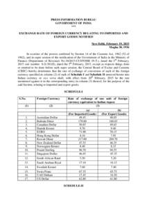 PRESS INFORMATION BUREAU GOVERNMENT OF INDIA *** EXCHANGE RATE OF FOREIGN CURRENCY RELATING TO IMPORTED AND EXPORT GOODS NOTIFIED New Delhi, February 19, 2015