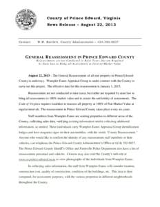 County of Prince Edward, Virginia News Release – August 22, 2013 C ont a ct :  W. W. Bar t let t , C o u nt y A d mi ni st r at or – [removed]8 3 7