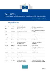 Next MFF :  incentives and safeguards for climate friendly investments Brussels, 26 March[removed]PARTICIPANT LIST