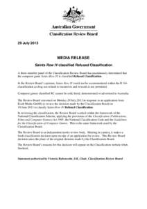 CRB - Media Release - Review Board decision - Saints Row IV
