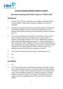 Sonoco/Weidenhammer: summary of hearing with Premier Foods on 17 March 2015