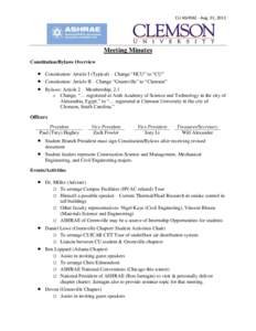 CU ASHRAE - Aug. 31, 2011  Meeting Minutes Constitution/Bylaws Overview  